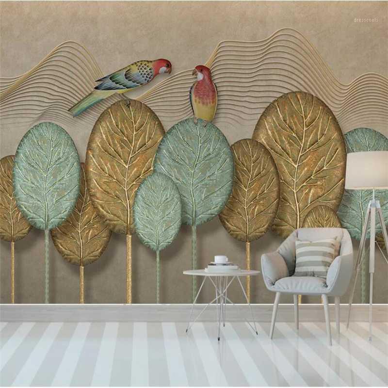 

mural Custom wallpaper 3d mural Nordic minimalistic abstract hand painted golden leaves forest parrot background wallpaper 3D1, As pic