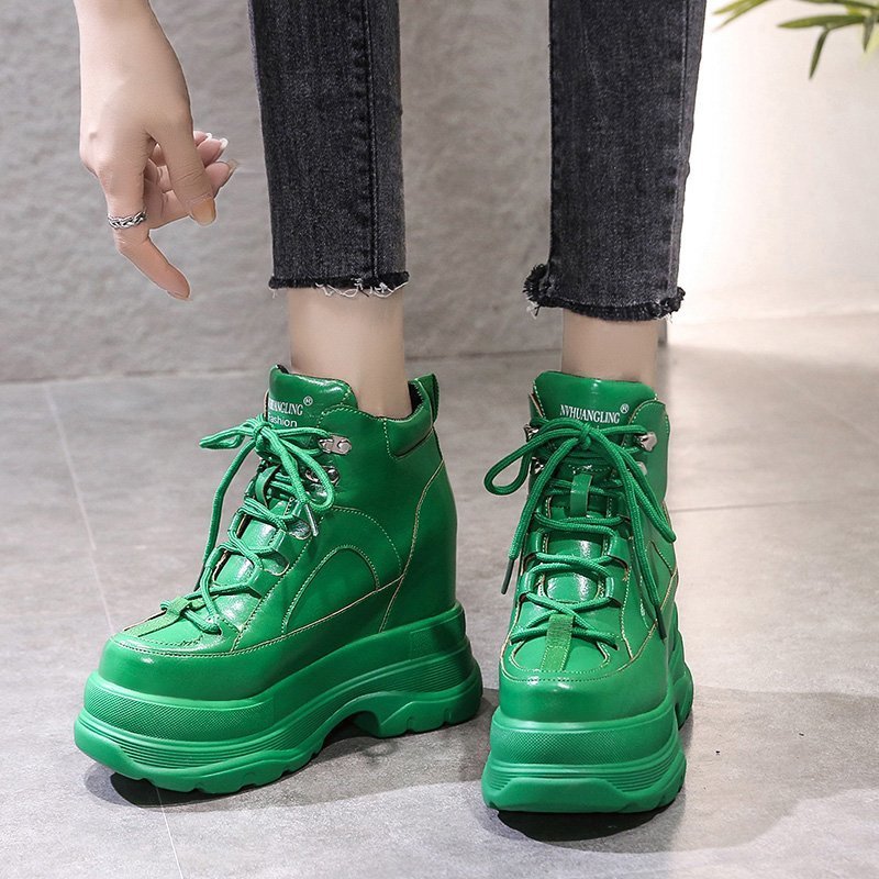 

Autumn Top plutonium leather ankle for women with hunWater-proof chunky height increase women's shoes platform motorcycle boots, Orange