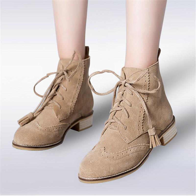 

Plus Size 34-43 Fashion Punk Genuine Leather Ankle Boots Carving Flats Round Toe Tassel Lace Up Casual Women Shoes, As photo