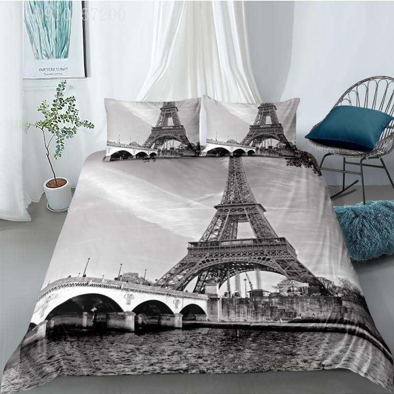 

Retro Style Bedding Sets Paris Tower Printed Bed Linen 3D Landscape Duvet Cover 2/3pcs Single Double Queen King Bed Cover Set, As picture
