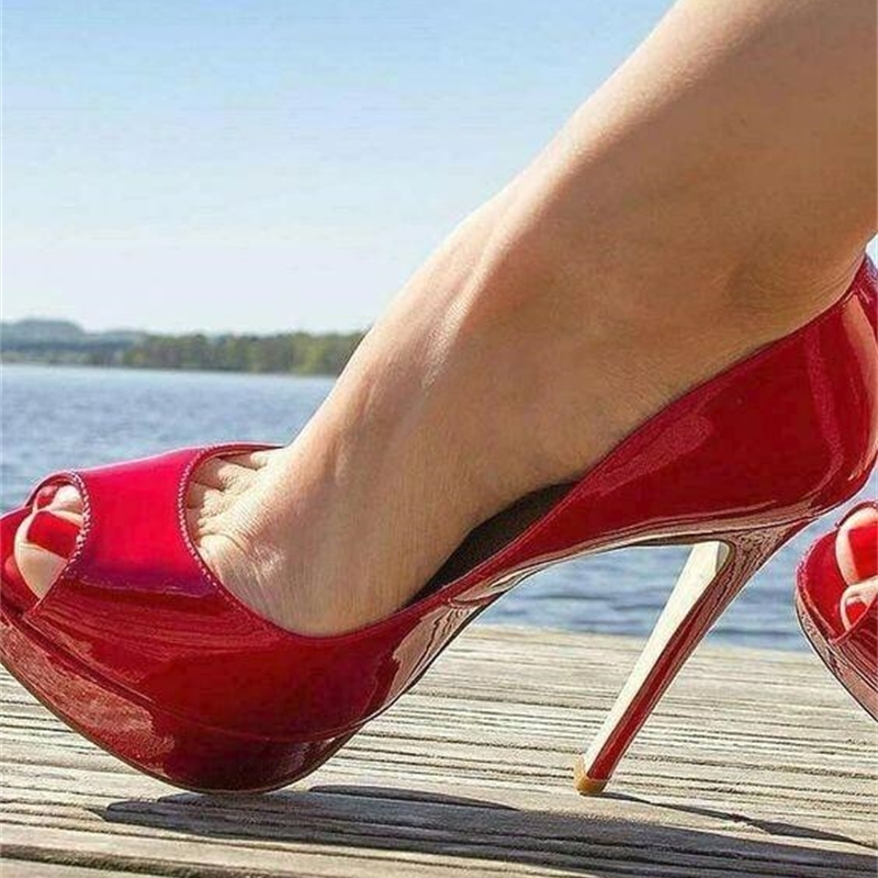 

Sapatos salto de couro patenteado vermelho, calado feminino stiletto com bico alto plataforma 14cm para casamento bombas, bombas, Black