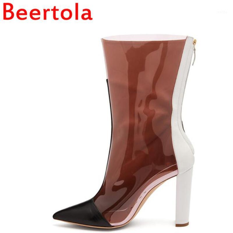 

Brand Newest PVC Leather Stitching Women's Boots Zipper Embroider Pointed Toe Boots Women High Heel Mixed Color Bottes Femme1, As pics