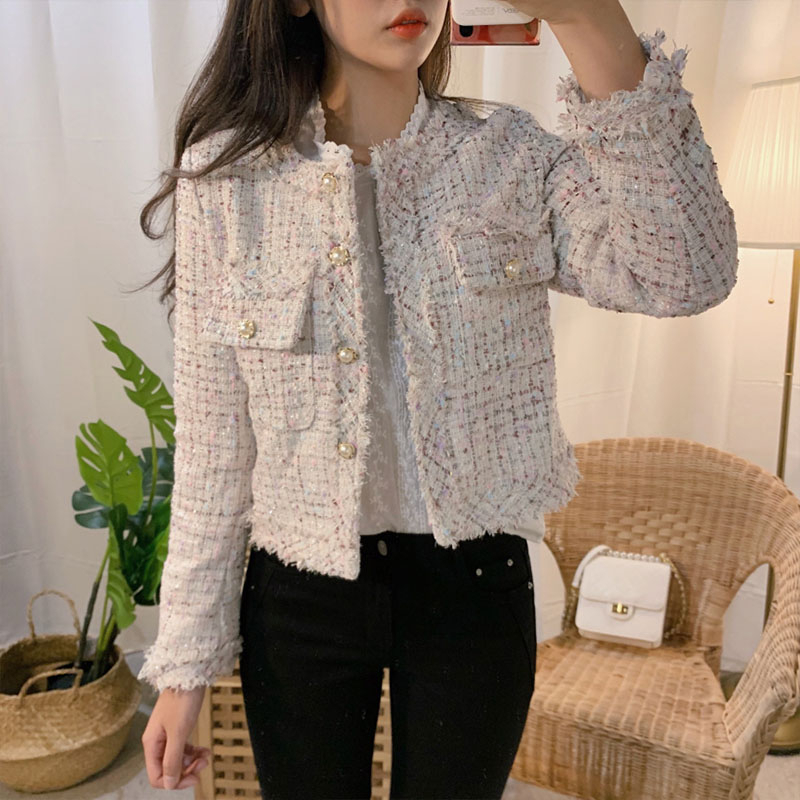 

New Spring coat women Tweed Jacket high quality Small Fragrance Patchwork Jacket Women Korean Tweed Short Elegant Autumn Q4 201106, Beige