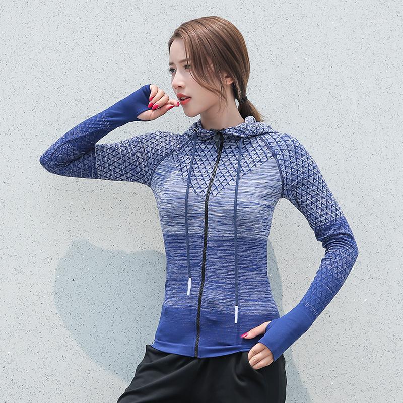 

New Zip Long Sleeve Yoga Shirt Seamless Sports Coat Women Cardigan Hooded Running Sports Jacket Top Fitness Yoga Tops Women1, Black