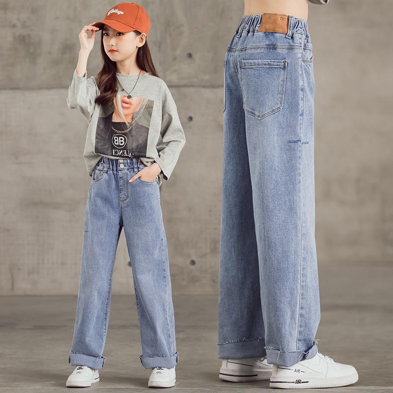 

New Solid Girls Wide Leg Pants Korean Elastic Waist High Kids Denim Pant 3-15 Years Old Spring/Autumn Children Straight Trousers, Blue