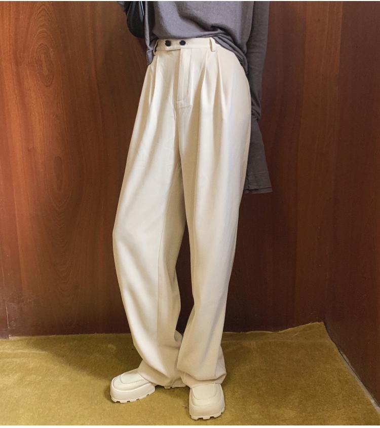 

Vintage Trousers Women 2021 Spring Korean Style Solid Color Casual Two Butoons Pleated High Waist Wide Leg Pants B366, Beige
