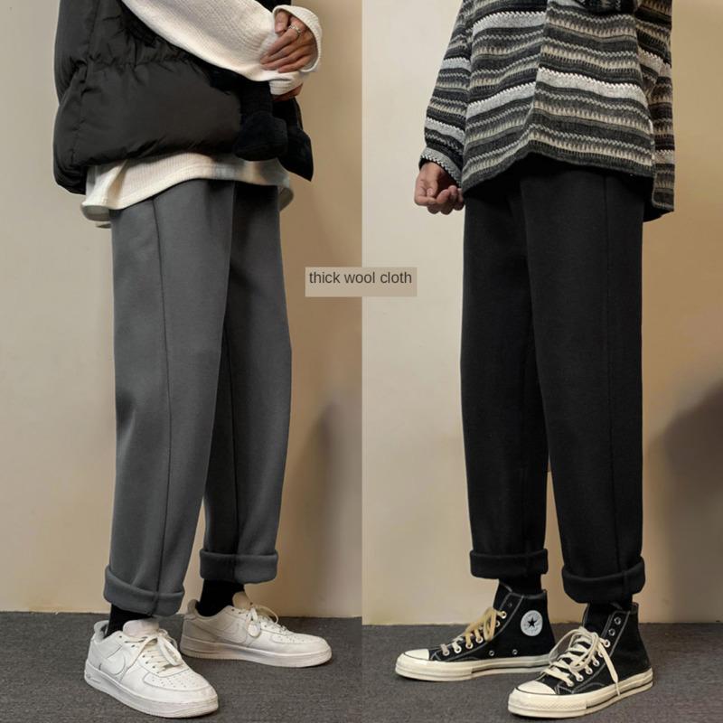 

Winter Thick Woolen Pants Men's Warm Fashion Straight Casual Pants Men Streetwear Loose Korean Drawstring Woolen Trousers Mens, Black