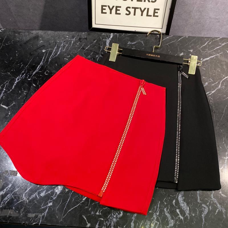 

2020 Red Same New Spring and Summer Rhinestone Zipper Wave Hem Ol Hip Feminine Skirt Sdux, See chart