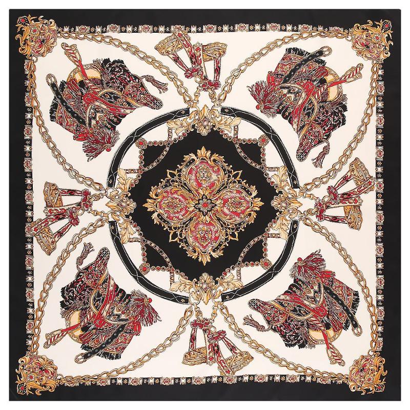 

100% Twill Silk Women Scarf Europe Design Foulard 130*130cm French Chain Print Square Scarves Fashion Shawls Wraps, Blue;gray