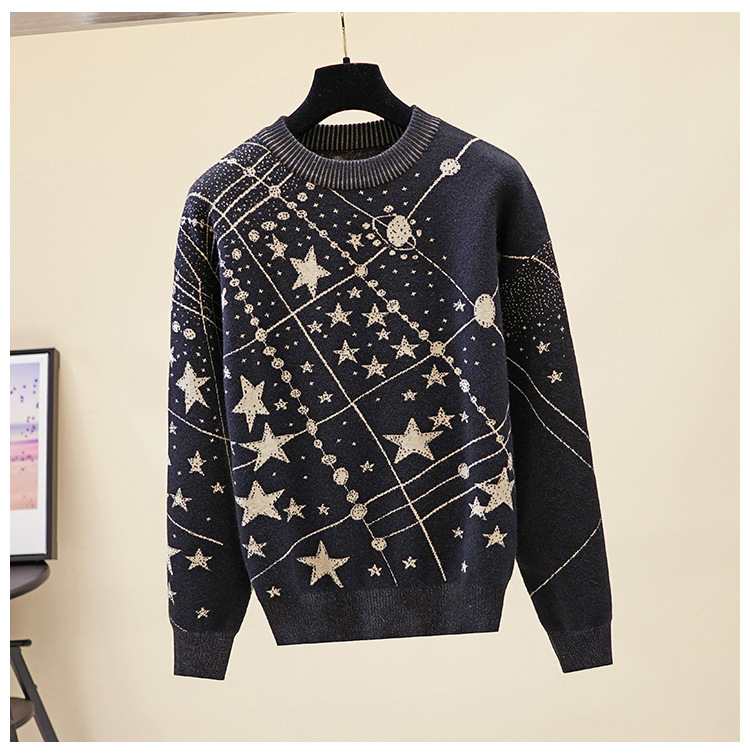 

2021 New Retro Galaxy Star Pattern Sweater Women Vintage Long Sleeve Jumpers Autumn Winter Ladies Jacquard Sweaters Pullovers Prad, Black