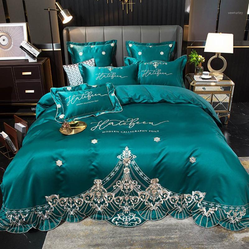 

Svetanya Embroidery Bedding Set Silk Cotton Linens Queen King Size Duvet Cover Set Flat /Fitted Sheet Pillow Sham1, 20206006