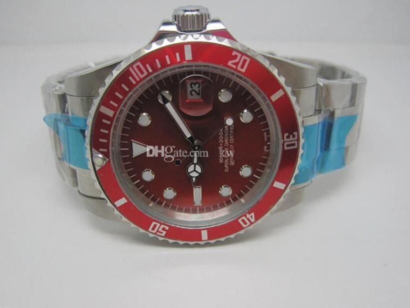 

New luxury men's red dial stainless steel case automatic mechanical steel band watch