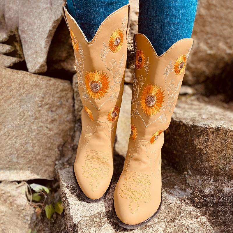 

2020 Western Cowboy Boots for Women Pointed Toe Ladies Embossing Suede Leather Shoes Mid-calf Chunky Wedges Boot, Brown