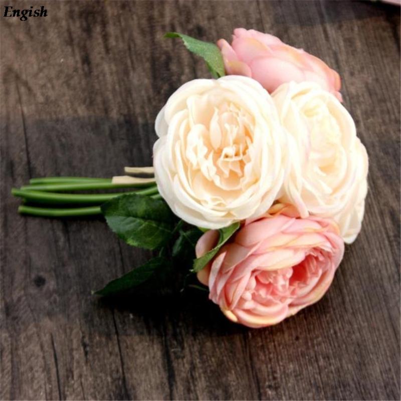 

1 Bouquet Artificial Rose Silk DIY Flowers 5 Flower Head Leaf Garden Decor Wedding Party Home Decoration Wreath Scrapbook Gift, As pic