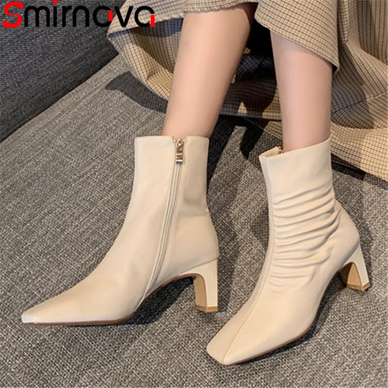 

Smirnova 2020 Genuine leather boots thick high heels square toe ladies shoes autumn winter solid color ankle boots women, Rice white