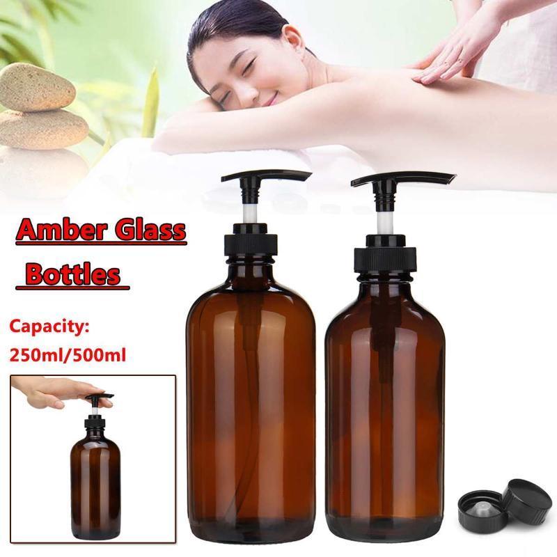 

250/500ml Liquid Soap Dispensers with Pump for essential oils homemade lotions round amber glass bottles1
