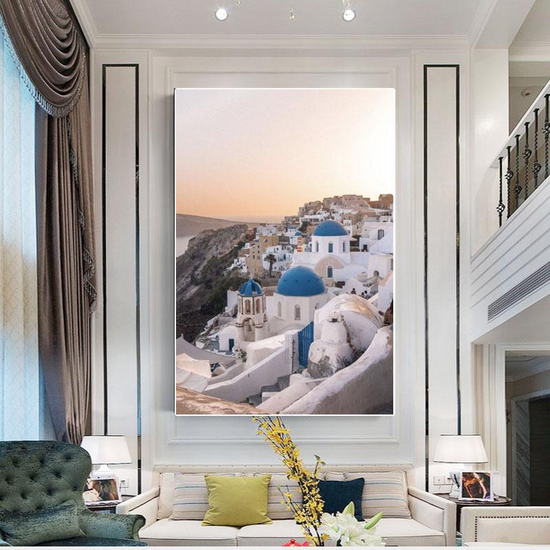 

Mediterranean Style Handpainted Oil Painting on Canvas Santorini Scenery Blue Roof House Greece Painting Wall Decor