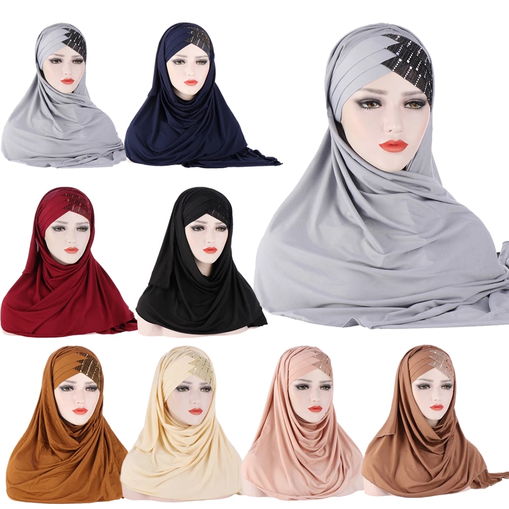 

Women Plain Sequins Cross Scarf Head Hijab Wrap Solid Instant Shawls Muslim Inner Hijabs Ready To Wear Islamic Shawl Wrap Turban