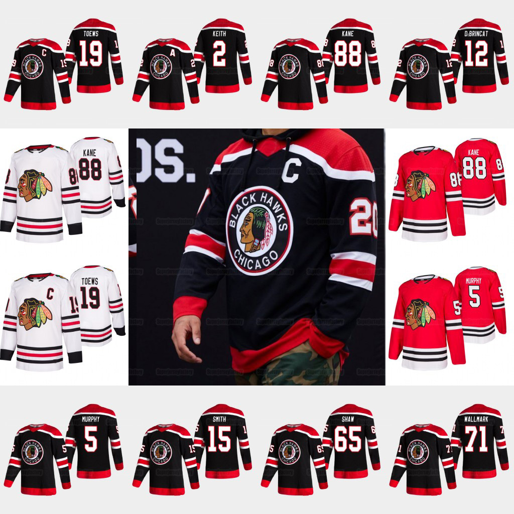 

Youth Chicago Blackhawks 2021 Reverse Retro Patrick Kane Jonathan Toews Kirby Dach Duncan Keith Alex DeBrincat Brent Seabrook Smith Jersey, Black;red