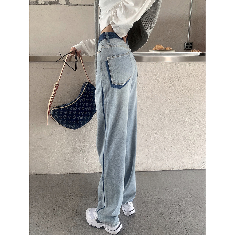 

New Thin 2021 Tall Waistline Woman Straight Blue Autumn Street Wear Jeans L289 GXZT, Light blue