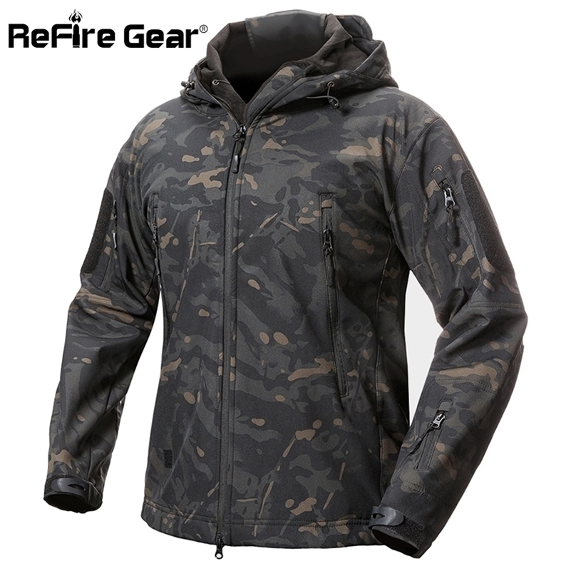 

ReFire Gear Shark Skin Soft Shell Tactical Military Jacket Men Waterproof Fleece Coat Army Clothes Camouflage Windbreaker Jacket 201118, Army green