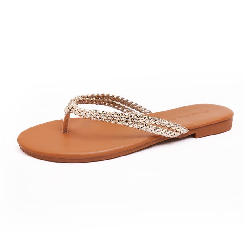 

2021 Women Shoes Thong Sandals Outdoor Woven Beach Flip Flop Casual Comfy Shoes Flats Holiday Slide Chausson Non Slip Lady, Gold