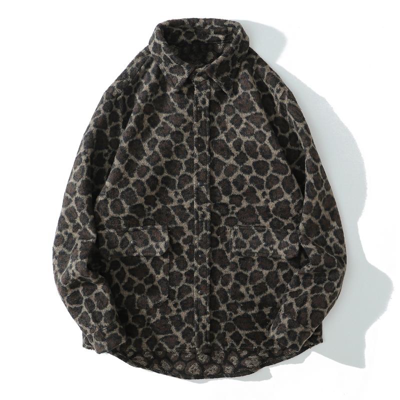 

Harajuku National Style Knitted Shirt Men Streetwear Retro Leopard Warm Long Sleeve Shirt Autumn Cotton Snap Button Tops, Gray