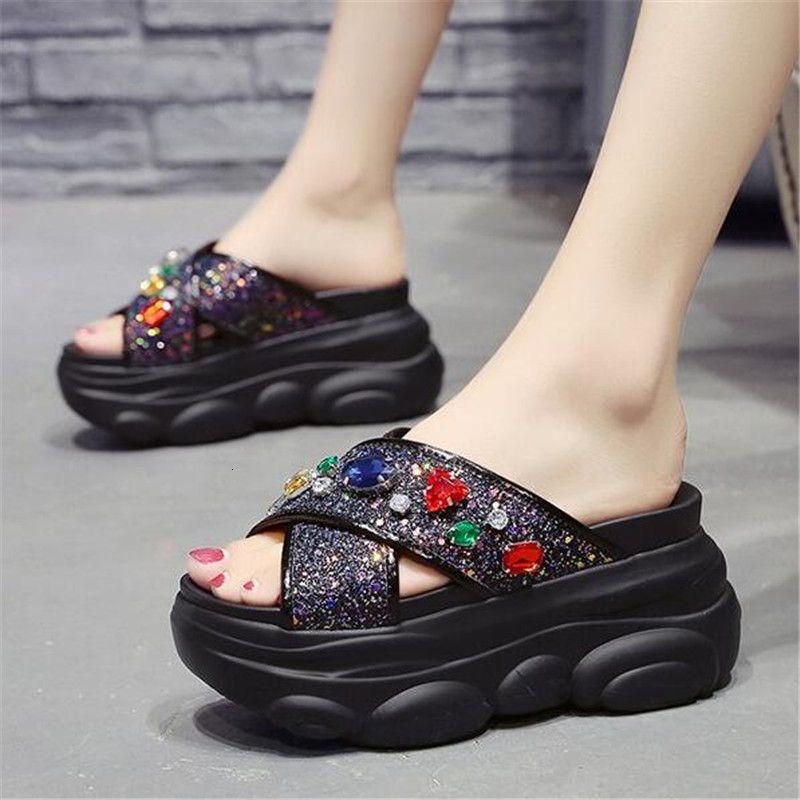 

2021 New Women Nine Inches High Heels Into the Air Will See Sequins Sandals Girl Chunky Open Toed Beach Slippers AABY, Black