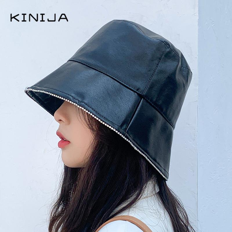 

Wide Brim Hats Autumn Winter Sunscreen Bucket Hat Faux Leather Cap Men Women Outdoor Fishing Casual Lady Panama PU Fisherman, Black