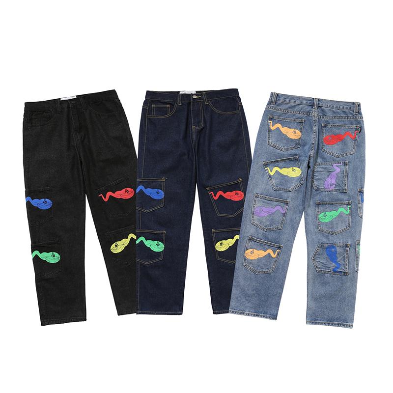 

Men' And Women' Straight Ripped Jeans High Street Tadpole Print Multi-pocket Graffiti JeansTrousers Hip Hop Mid-waist Slacks, Black