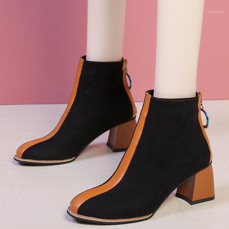 

Autumn 2020 New Boots Women Ankle Flock Zip Riding Equestrian High Heel Platform Shoes Women Square Toe Short Boots Female1, Yellow