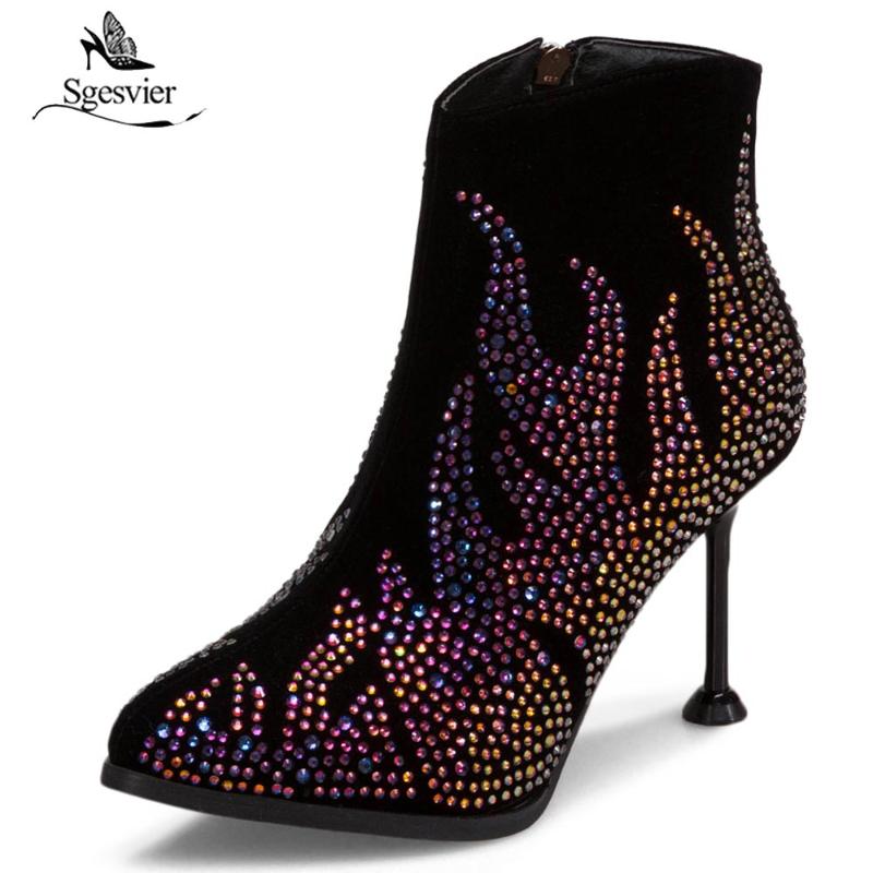 

Sgesvier 2020 New Shoes Women Crystal Design Zip Solid Pointed Toe Platform Thin High Heels Casual Party Shoes Ankle Boots OX541, Black