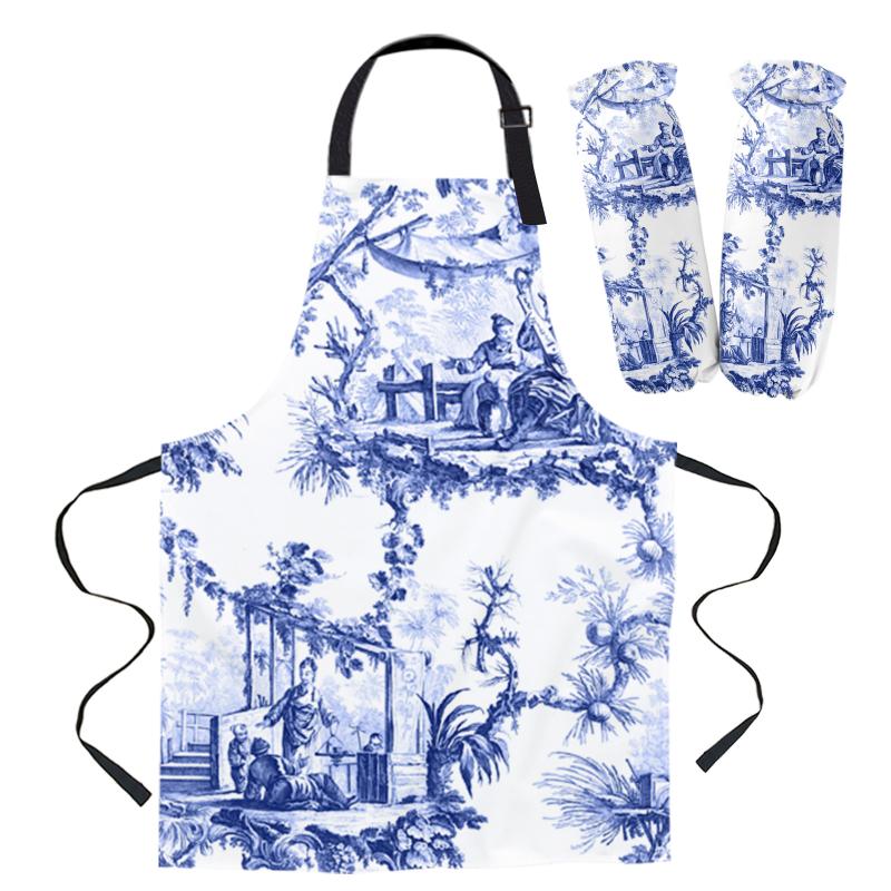 

Aprons Blue Chinoiserie Toile Apron Kitchen Household Cleaning Pinafore Baking Accessories Cooking For Woman