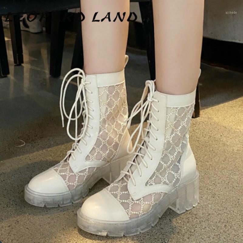 

2020 New Design Women's Mesh Boots Chunky-Heel Lace Transparent Booties Boots Combat for Women -11021, White