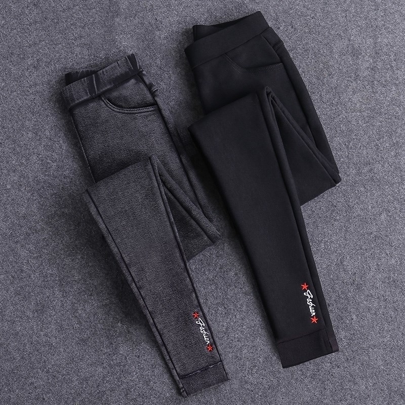 

Sexy Embroidery Solid Pencil Pants Women' Full Length Leggings High Waist Stretch Trousers Female Casual Wear Washed Black 201119, Thinw snowblack
