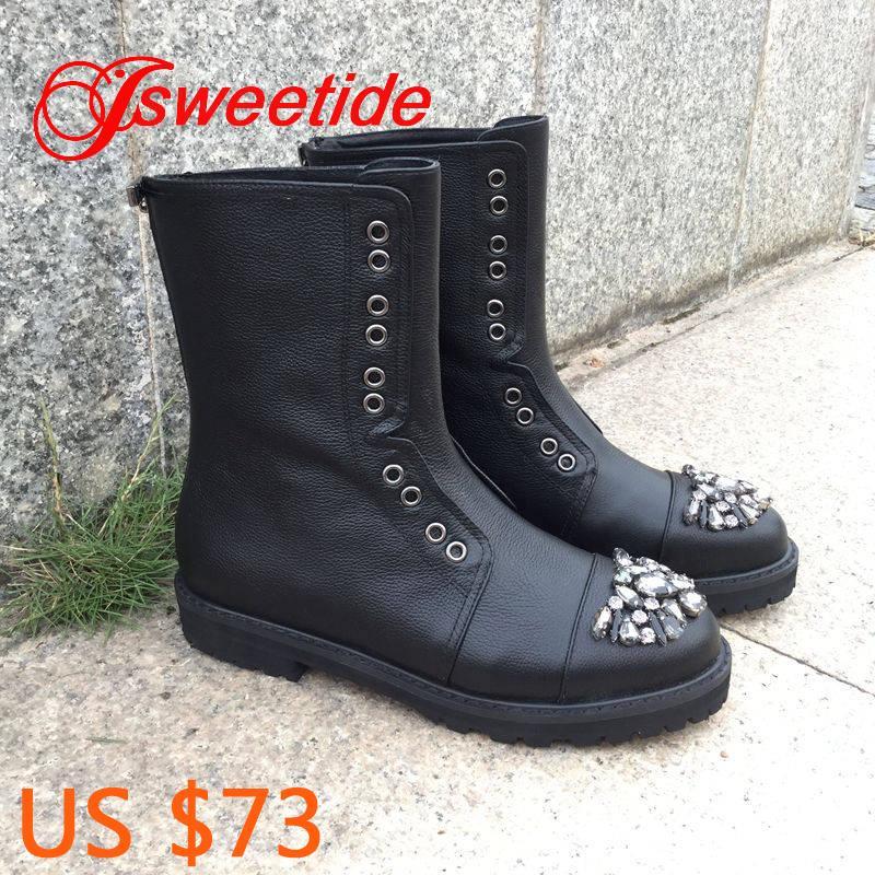 

Women's Sexy Shoes Women's Boot Winter Fashion Quality Motorcycle Boots Brand Crystal Leather Shoes Winter Genuine Leathe Boots1, A2