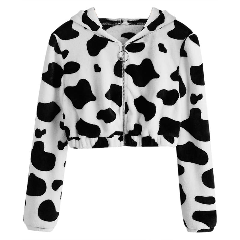 

Cow Print Women Hoodies Autumn Winter Female Hooded Crop Top Zipper Hoodie Sweatshirts Oversized Women' Hoodies #10, White