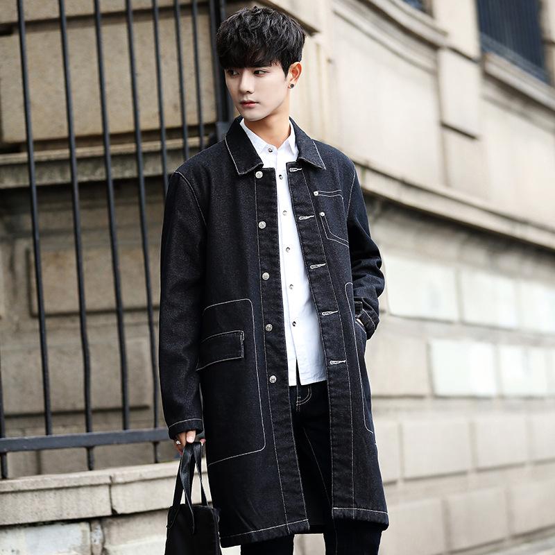 

New Arrive Winter Spring Men's Warm Fleece Denim Jacket Male Casual Thicken Long Windbreaker Cowboy Outerwear Loose Jean Parka, Black