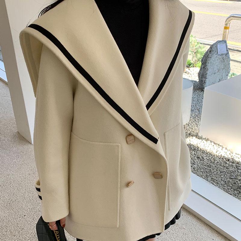 

JXMYY Navy collar imitation cashmere coat women autumn and winter loose wool imitation woolen Japanese small woolen coat, White