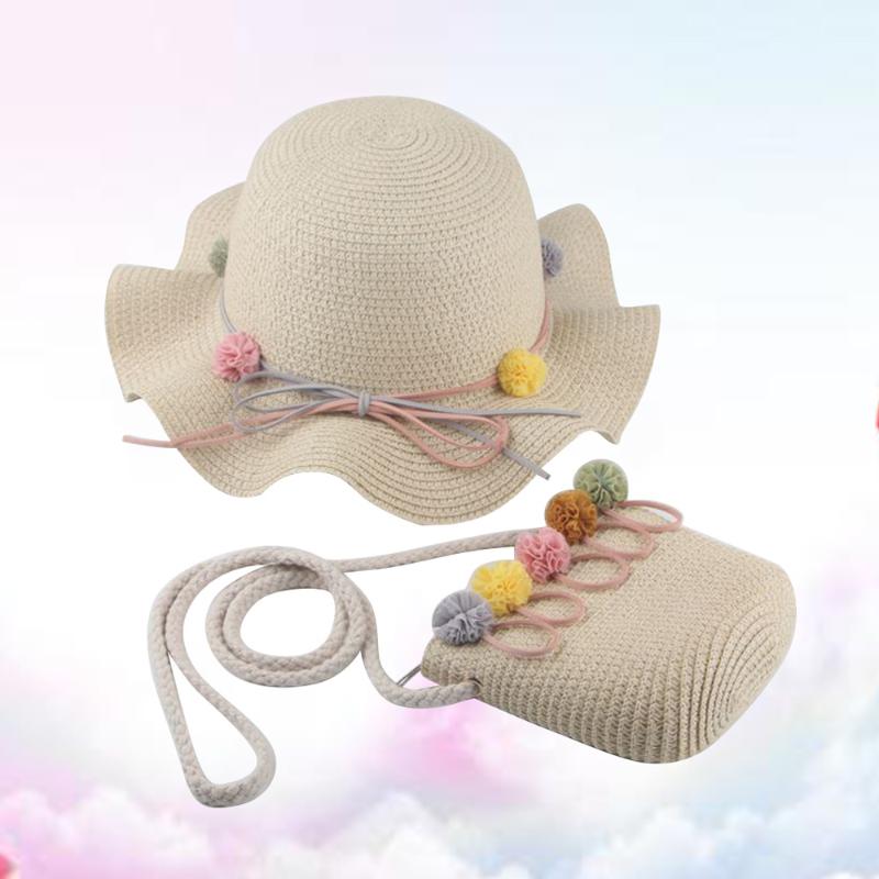 

Sun Protection Kids Hat Girls Fashion Straw Cap Kids Cool Cap Summer Beach Baby Storage Bag (Hat and Bag, Khaki, Light green