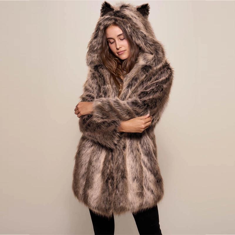 

Cute Teddy Bear Fur Female Coat 2020 New Winter Street Hipster Fashion Women' Hat Mid Length Leopard Fur Coat Female 3 Styles, Black