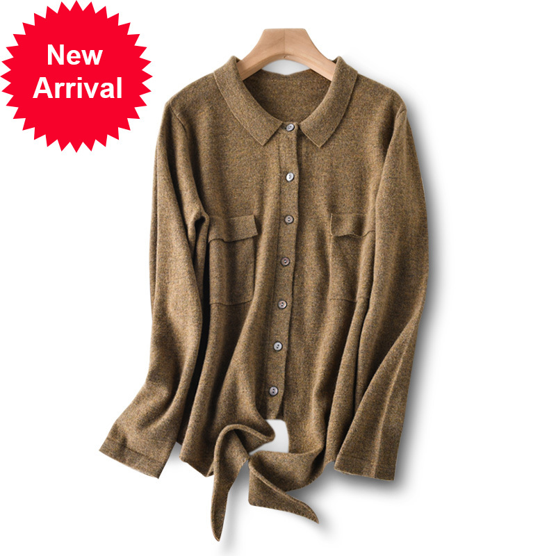 

2021 New New Spring Women 100% Wool Long Neck Cardigan Pocket Fashionable Women's Knitted Shirt Classic Straight Merino Sweater Zaz2, Lt gold beige.