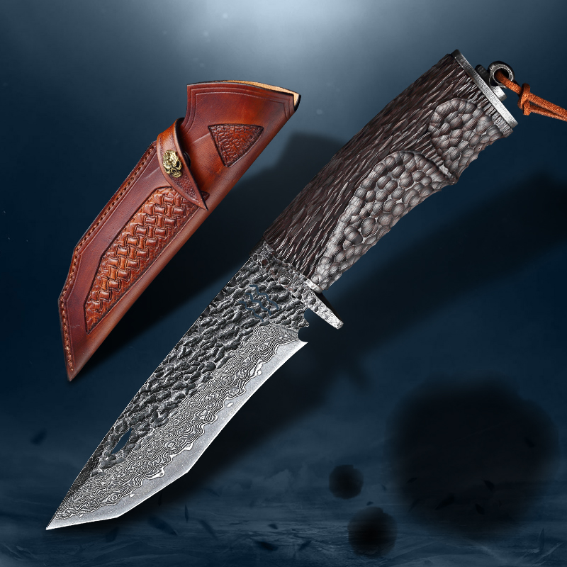 

VG10 Damascus Steel Tactical Hunting Knife Outdoor Survival Camping Tool Handmade Ebony Fixed Knife and Sheath