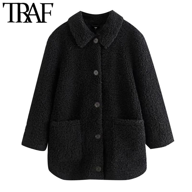 

TRAF Women Fashion Thick Warm Faux Fur Loose Teddy Coat Vintage Long Sleeve Pockets Female Outerwear Chic Overcoat, As picture