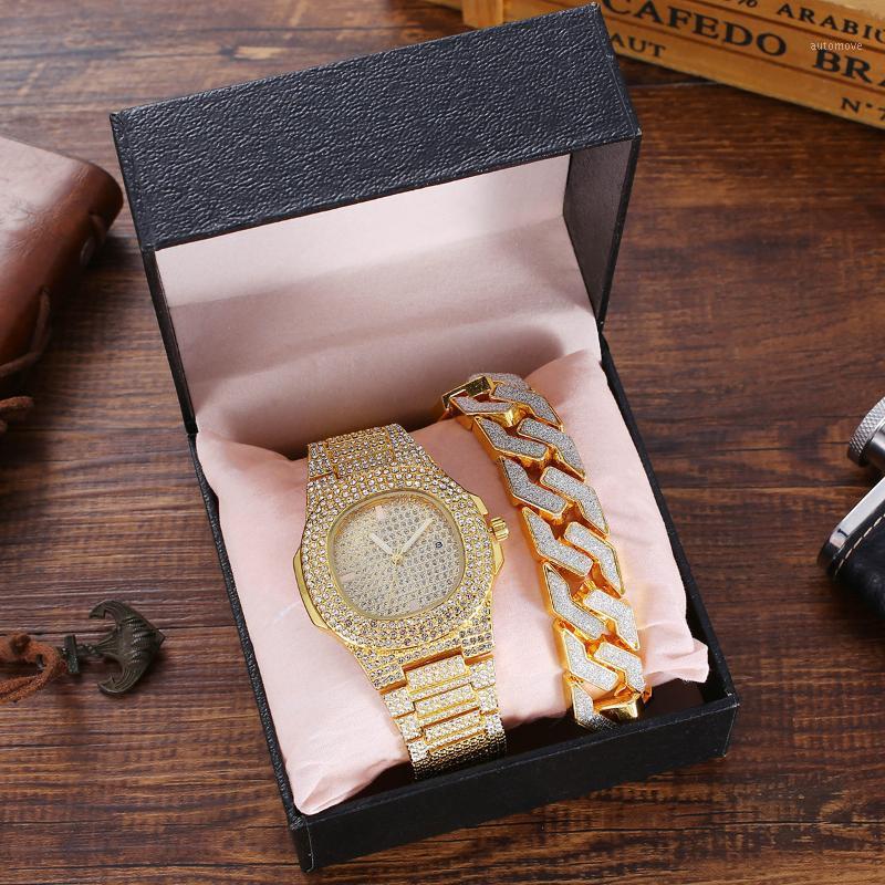 

New Hip Hop Punk Diamond Steel Belt Chain Diamond Bracelet Watch 2pcs/set Free Box1, 17