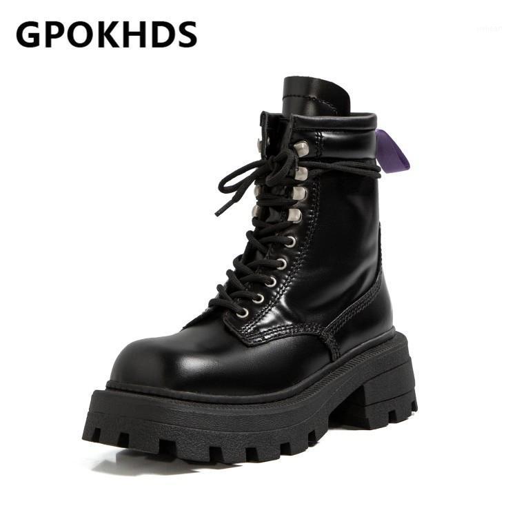 

GPOKHDS 2021 women Ankle boots Cow leather Winter short plush Square Toe Lace-Up Platform High heels female Riding boots size 401, Sky blue