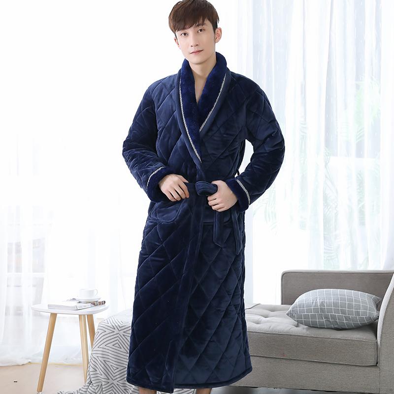 

Winter Long Robe For Male Three Layers Quilted Bathrobe Thick Flannel Sleepwear Plus Size XXXL Kimono Bathrobes Mens Warm Lounge, Sj1622