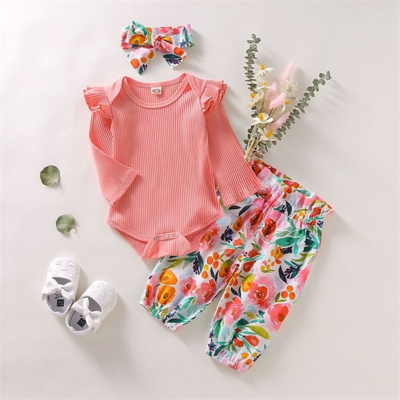 

3pcs Toddler Infant Newborn Baby Girls Kids Long Butterfly Sleeve Romper Floral Pant Headband Playsuit Outfits Jumpsuit Clothes 201216