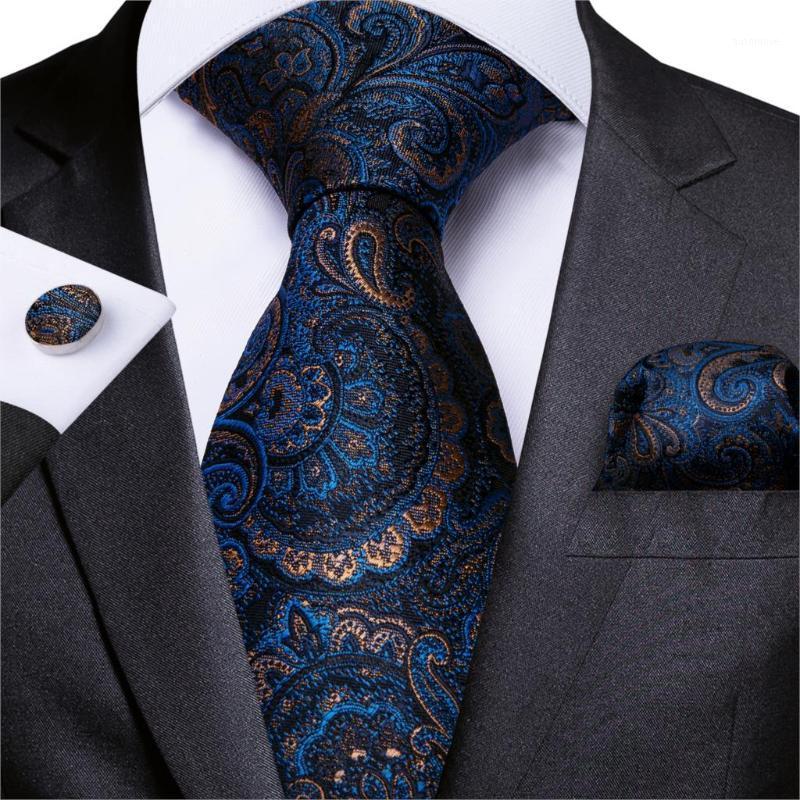 

Mens Necktie Blue Gold Paisley Silk Wedding Tie For Men Handkerchief Cufflinks Set Business Party DiBanGu New Designer MJ-71081