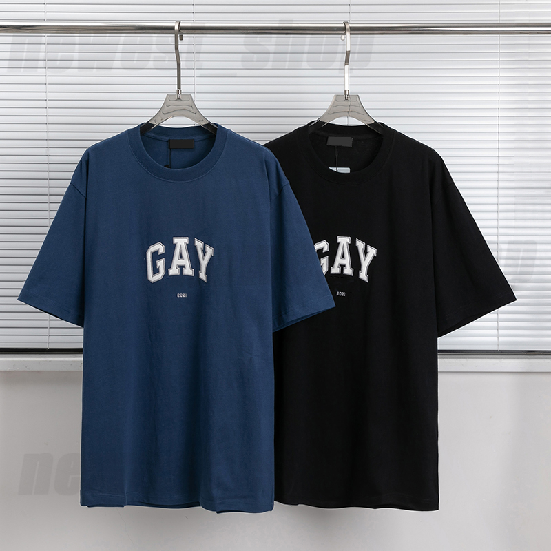 

2022 Mens designer T-Shirts tee luxury true size Summer tshirt Classic paris embroidery GAY letter print t shirt black blue streetwear loose casual t-shirt tops